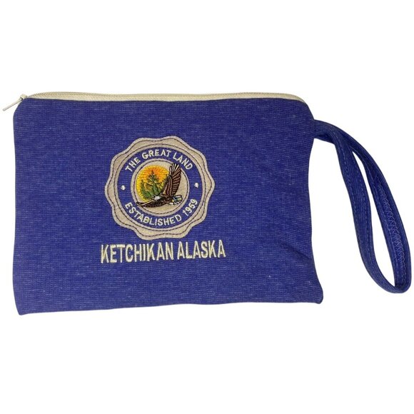Ketchikan Alaska The Great Land Embroidered Bag Blue Soft Make up bag - Picture 1 of 4